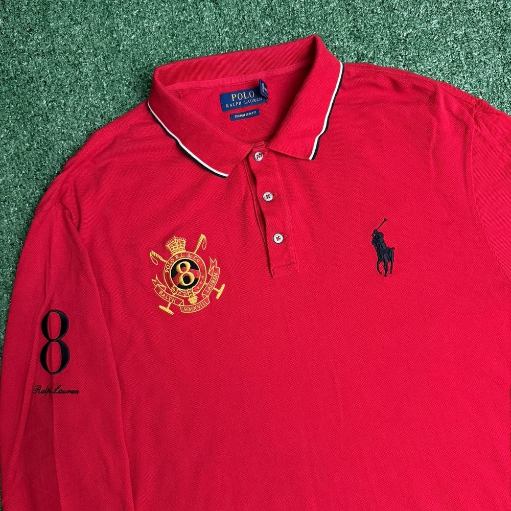 Polo Ralph Lauren XXL Red #8 Crest Long Sleeve Polo Custom Slim Fit Lunar